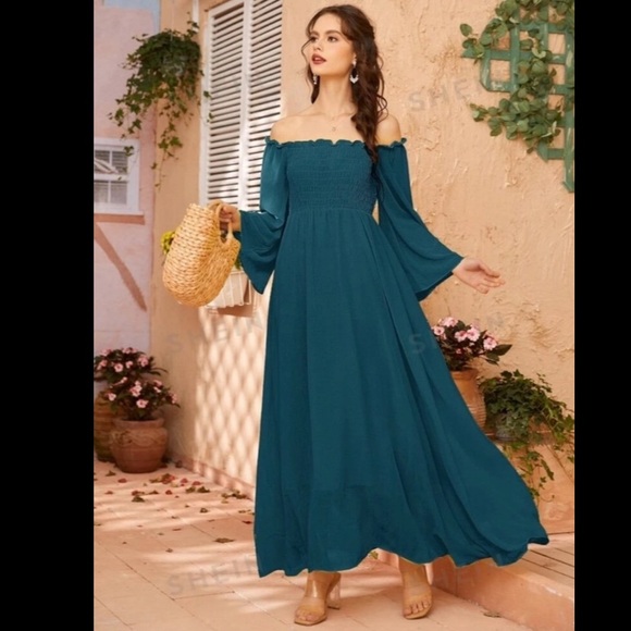 Medieval Renaissance SHEIN Mulvari Off Shoulder Shirred Bell Sleeve Dress SMALL - Picture 5 of 8